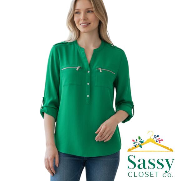 Calvin Klein Green Career Blouse V Neck Zipper Pocket Roll Up Sleeve Size M EUC - Picture 2 of 7